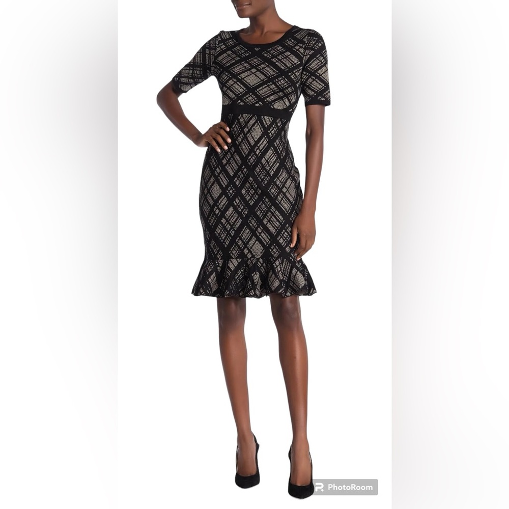 Nina Leonard Gray Black Plaid Striped Flounce-Hem Sweater Dress Midi Size L